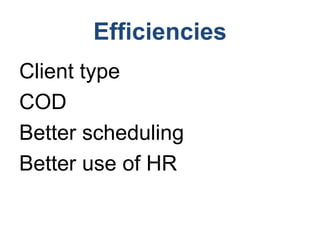 Efficiencies
Client type
COD
Better scheduling
Better use of HR
 