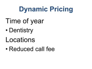 Dynamic Pricing
Time of year
• Dentistry
Locations
• Reduced call fee
 
