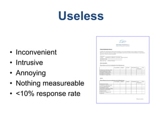 Useless
• Inconvenient
• Intrusive
• Annoying
• Nothing measureable
• <10% response rate
 