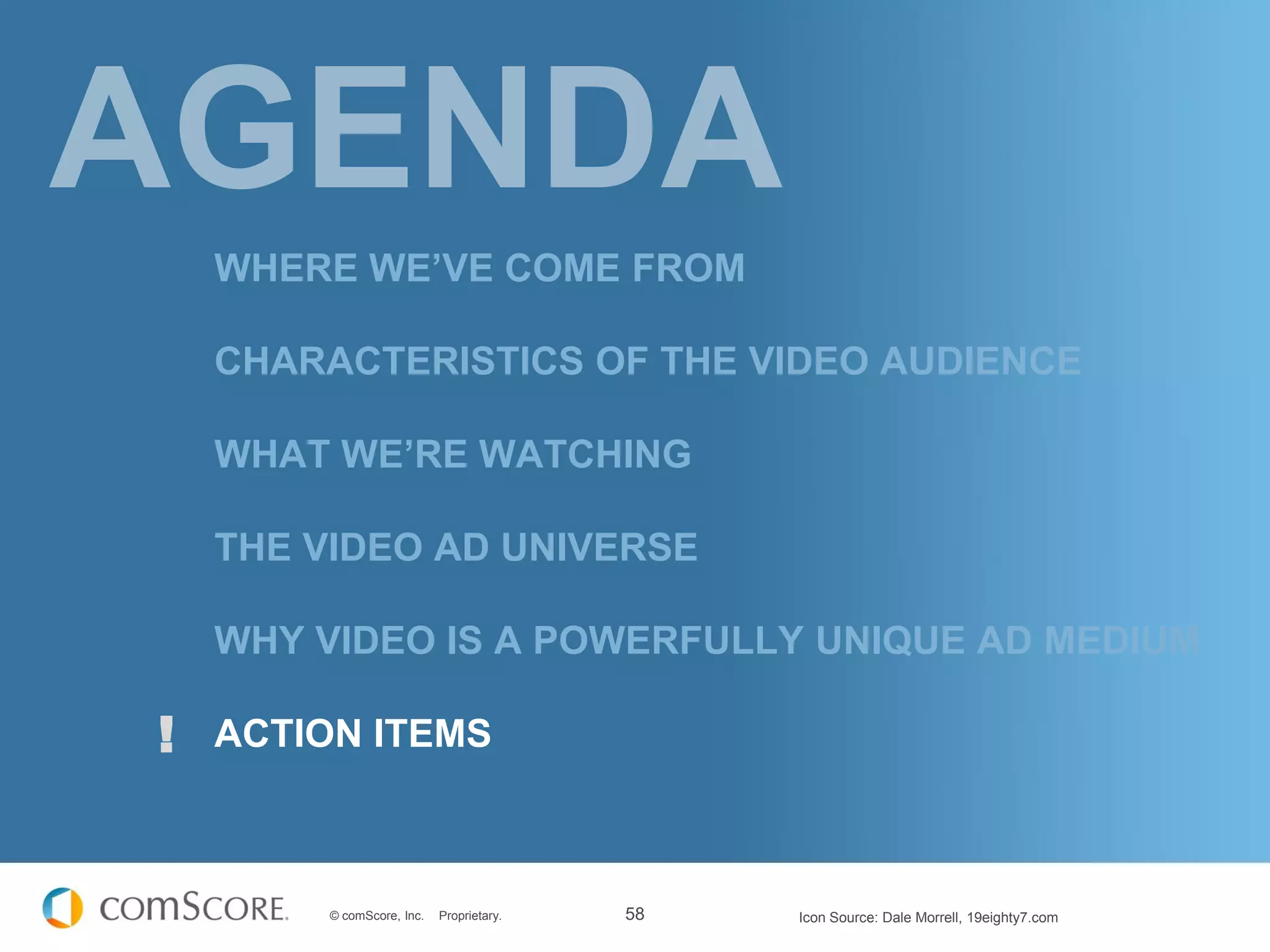 WHERE WE’VE COME FROM

    CHARACTERISTICS OF THE VIDEO AUDIENCE

    WHAT WE’RE WATCHING

    THE VIDEO AD UNIVERSE

    WHY VIDEO IS A POWERFULLY UNIQUE AD MEDIUM

!   ACTION ITEMS



         © comScore, Inc.   Proprietary.   58   Icon Source: Dale Morrell, 19eighty7.com
 