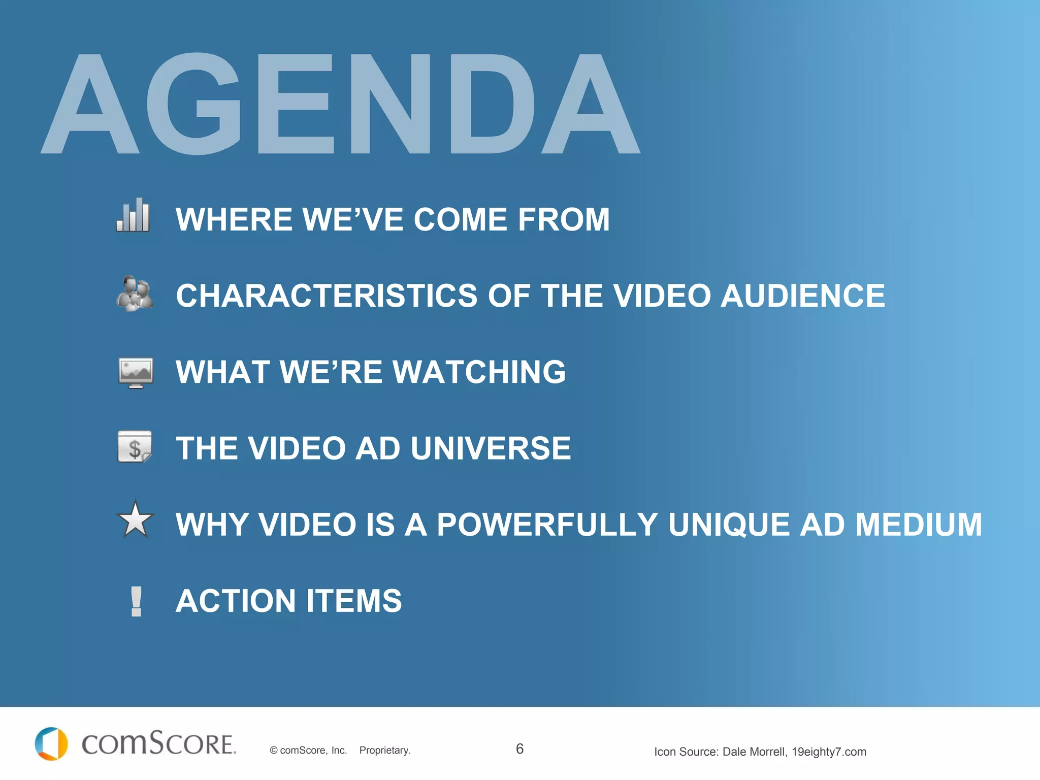 WHERE WE’VE COME FROM

    CHARACTERISTICS OF THE VIDEO AUDIENCE

    WHAT WE’RE WATCHING

    THE VIDEO AD UNIVERSE

    WHY VIDEO IS A POWERFULLY UNIQUE AD MEDIUM

!   ACTION ITEMS



         © comScore, Inc.   Proprietary.   6   Icon Source: Dale Morrell, 19eighty7.com
 