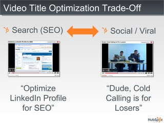 Video Title Optimization Trade-Off Search (SEO) Social / Viral “ Optimize LinkedIn Profile for SEO” “ Dude, Cold Calling is for Losers” 