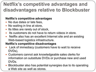 Netflix’s competitive advantages and disadvantages relative to BlockbusterNetflix’s competitive advantagesNo due dates or late fees, No waiting in line at store, Its titles are rarely out of stock,Its customers do not have to return videos in store. Netflix also has an excellent Internet site and an existing Web-based logistics infrastructure.Netflix’s competitive disadvantagesLack of immediacy (customers have to wait to receive DVDs), Customers cannot ask knowledgeable sales clerks for information on substitute DVDs or purchase new and used DVDs. Blockbuster also has potential synergies due to its operating a Web site as well as stores.