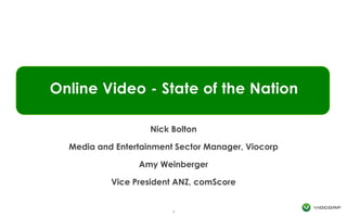 Online Video - State of the Nation

                    Nick Bolton

  Media and Entertainment Sector Manager, Viocorp

                 Amy Weinberger

           Vice President ANZ, comScore


                         1
 