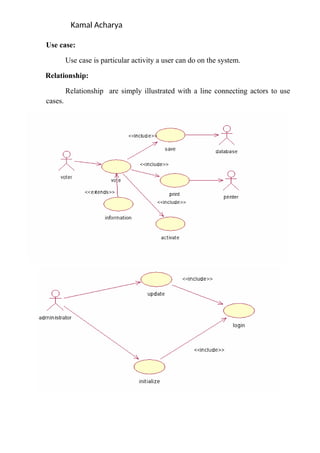 Kamal Acharya
Use case:
Use case is particular activity a user can do on the system.
Relationship:
Relationship are simply illustrated with a line connecting actors to use
cases.
 