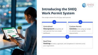 Introducing the SHEQ
Work Permit System
One simple solution for all of your work permits.
Easily manage and streamline all
work permits from one simple
dashboard.
Monitor permit status, approvals, and completions in real-time across
your organization.
Build new permits using our simple
UI, tailored to your specific
requirements.
1
3
2
Real-Time
Tracking
Centralized
Management
Custom Permit
Creation
 