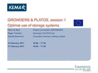 GROWDERS & PLATOS, session 1 Optimal use of storage systems Petra de Boer Project coordinator GROWDERS Roger Cremers Developer PLATOS tool Gabriël Bloemhof Consultant decision making models 14 February 2011  16:00 – 17:30 17 February 2011 16:00 – 17:30 
