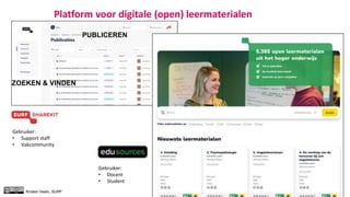 Platform voor digitale (open) leermaterialen
ZOEKEN & VINDEN
PUBLICEREN
Gebruiker:
• Support staff
• Vakcommunity
Gebruiker:
• Docent
• Student
NL ENG
Kirsten Veelo, SURF
 