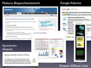 Mokono Blogwerbenetzwerk   Google Adsense




Sponsoren-
Akquise




                           Amazon Afﬁliate Links
 