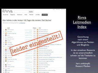 Rivva
                             Leitmedien
                                Index


                te ll t!          Gewichtung

              es
                                   nach einem


         ei ng              Algorithmus aus Twitter-
                                 und Bloglinks

  ider
le                          In den einzelnen Ressorts
                               ist es unterschiedlich
                           schwer auf die Titelseite zu
                                      kommen

                                hart umkämpft:
                                Ressort Medien
 