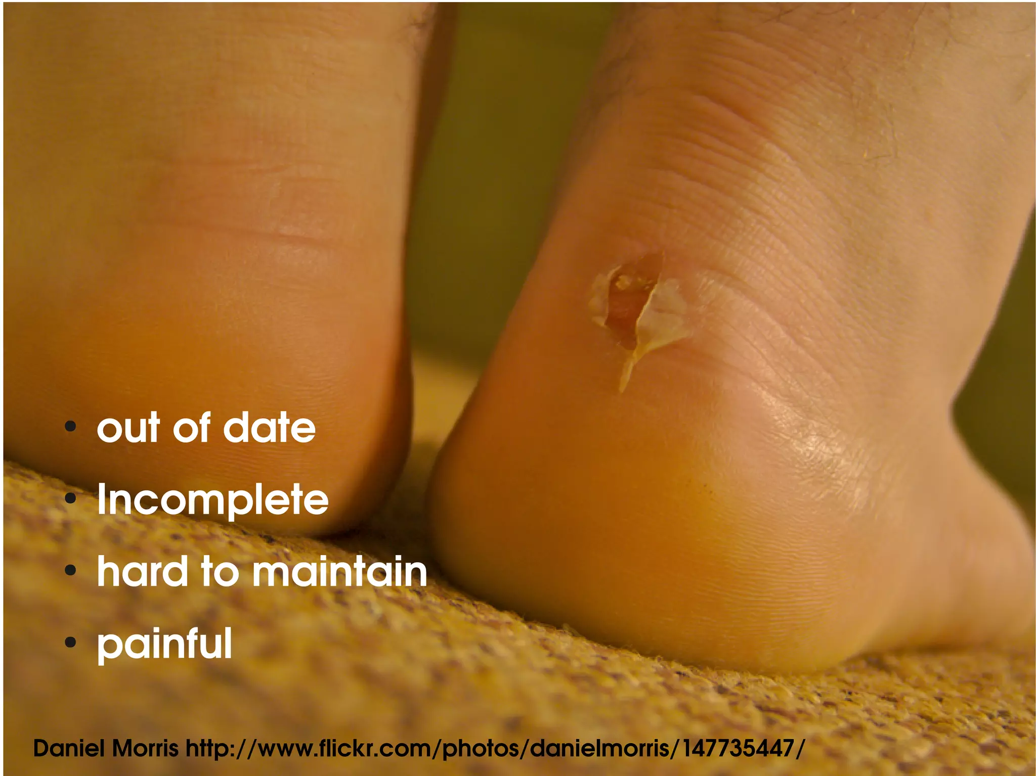About the project


  ●
      out of date
  ●
      Incomplete
  ●
      hard to maintain
  ●
      painful

Daniel Morris http://www.flickr.com/photos/danielmorris/147735447/
 