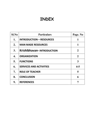 INDEX 
Sl.No 
Particulars 
Page. No 
1. 
INTRODUCTION – RESOURCES 
1 
2. 
MAN MADE RESOURCES 
1 
3. 
Krishibhavan- INTRODUCTION 
2 
4. 
ORGANIZATION 
2 
5. 
FUNCTIONS 
3 
6. 
SERVICES AND ACTIVITIES 
4-5 
7. 
ROLE OF TEACHER 
5 
8. 
CONCLUSION 
6 
9. 
REFERENCES 
7 
 