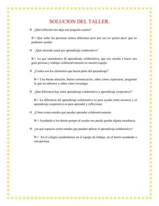 SOLUCION DEL TALLER.
 ¿Qué reflexión nos deja este pequeño cuento?
R=/ Que todas las personas somos diferentes pero por eso no quiere decir que no
podemos ayudar.
 ¿Qué entiende usted por aprendizaje colaborativo?
R=/ Lo que entendemos de aprendizaje colaborativo, que nos enseña a hacer una
gran persona y trabajar colaborativamente en nuestro equipo.
 ¿Cuáles son los elementos que hacen parte del aprendizaje?
R=/ Una buena atención, buena comunicación, saber cómo expresarse, preguntar
lo que no sabemos y saber cómo investigar.
 ¿Qué diferencia hay entre aprendizaje colaborativo y aprendizaje cooperativo?
R=/ La diferencia del aprendizaje colaborativo es para ayudar entre nosotros y el
aprendizaje cooperativo es para aprender y reflexionar.
 ¿Cómo creen ustedes que pueden aprender colaborativamente
R=/ Ayudando a los demás porque al ayudar nos puede quedar alguna enseñanza.
 ¿en qué espacios creen ustedes que pueden aplicar el aprendizaje colaborativo?
R=/ En el colegio ayudándonos en el equipo de trabajo, en el barrio ayudando a
una persona.
 