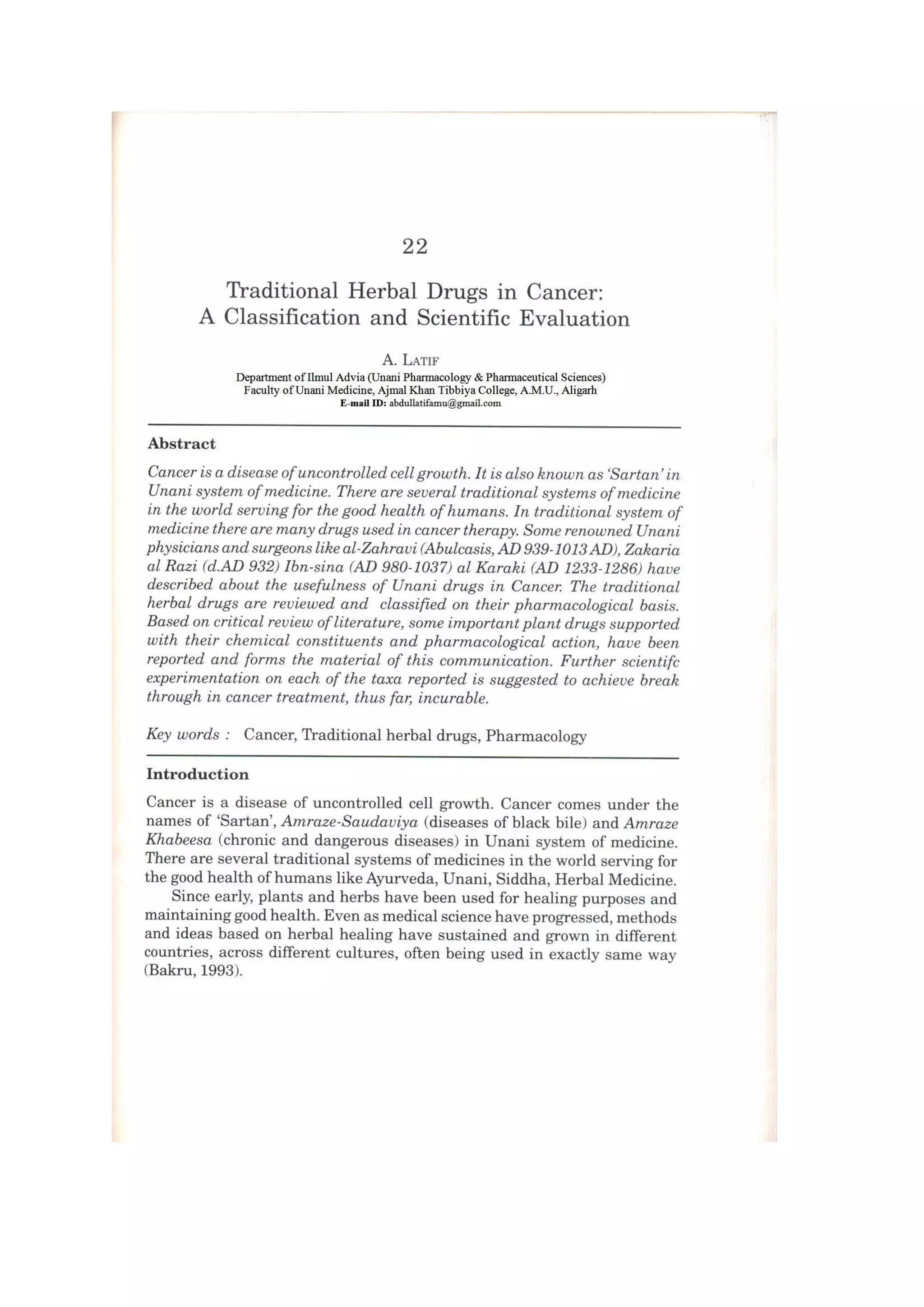 Traditional Herbal Drugs in Cancer: A Classification and Scientific ...