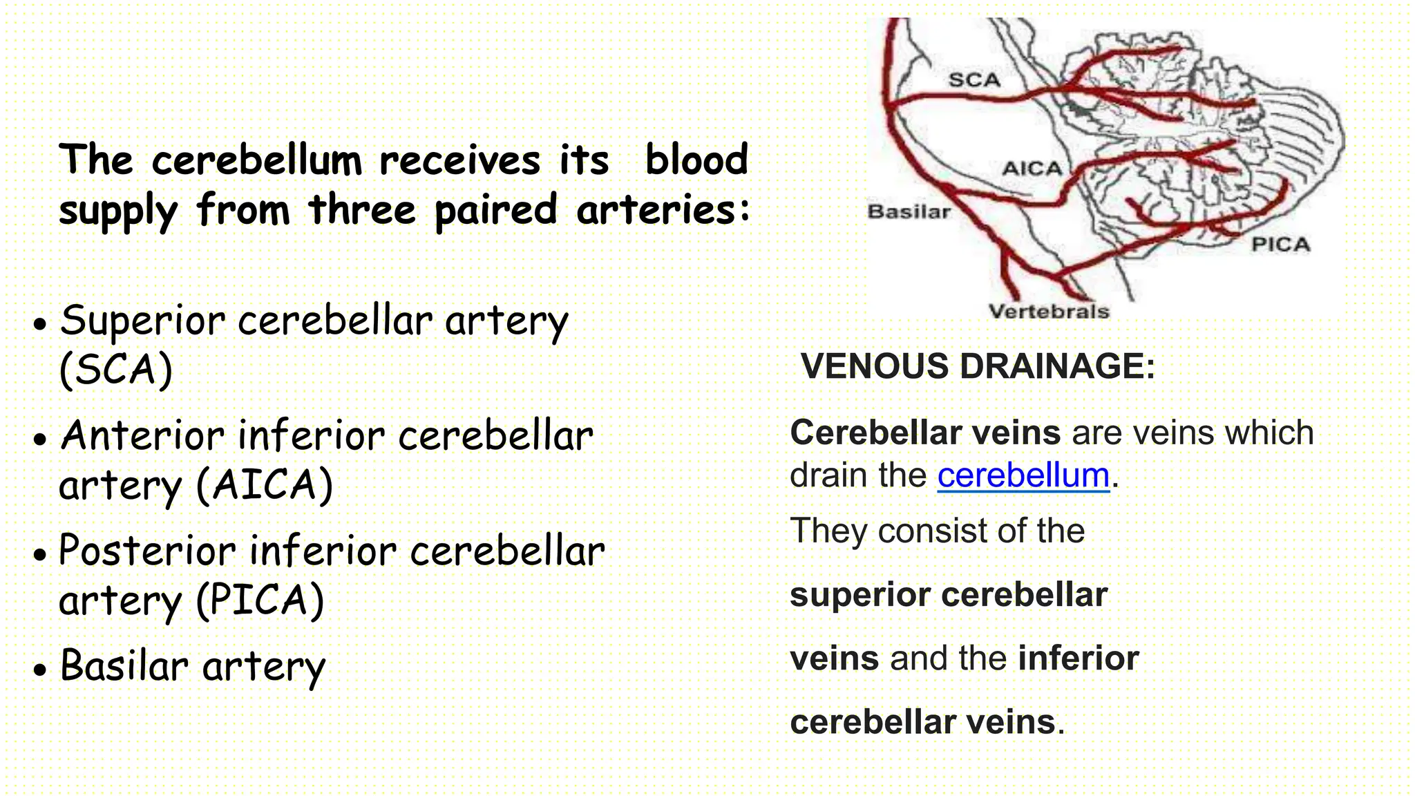 The cerebellum receives its blood
supply from three paired arteries:
 Superior cerebellar artery
(SCA)
 Anterior inferior cerebellar
artery (AICA)
 Posterior inferior cerebellar
artery (PICA)
 Basilar artery
VENOUS DRAINAGE:
Cerebellar veins are veins which
drain the cerebellum.
They consist of the
superior cerebellar
veins and the inferior
cerebellar veins.
 
