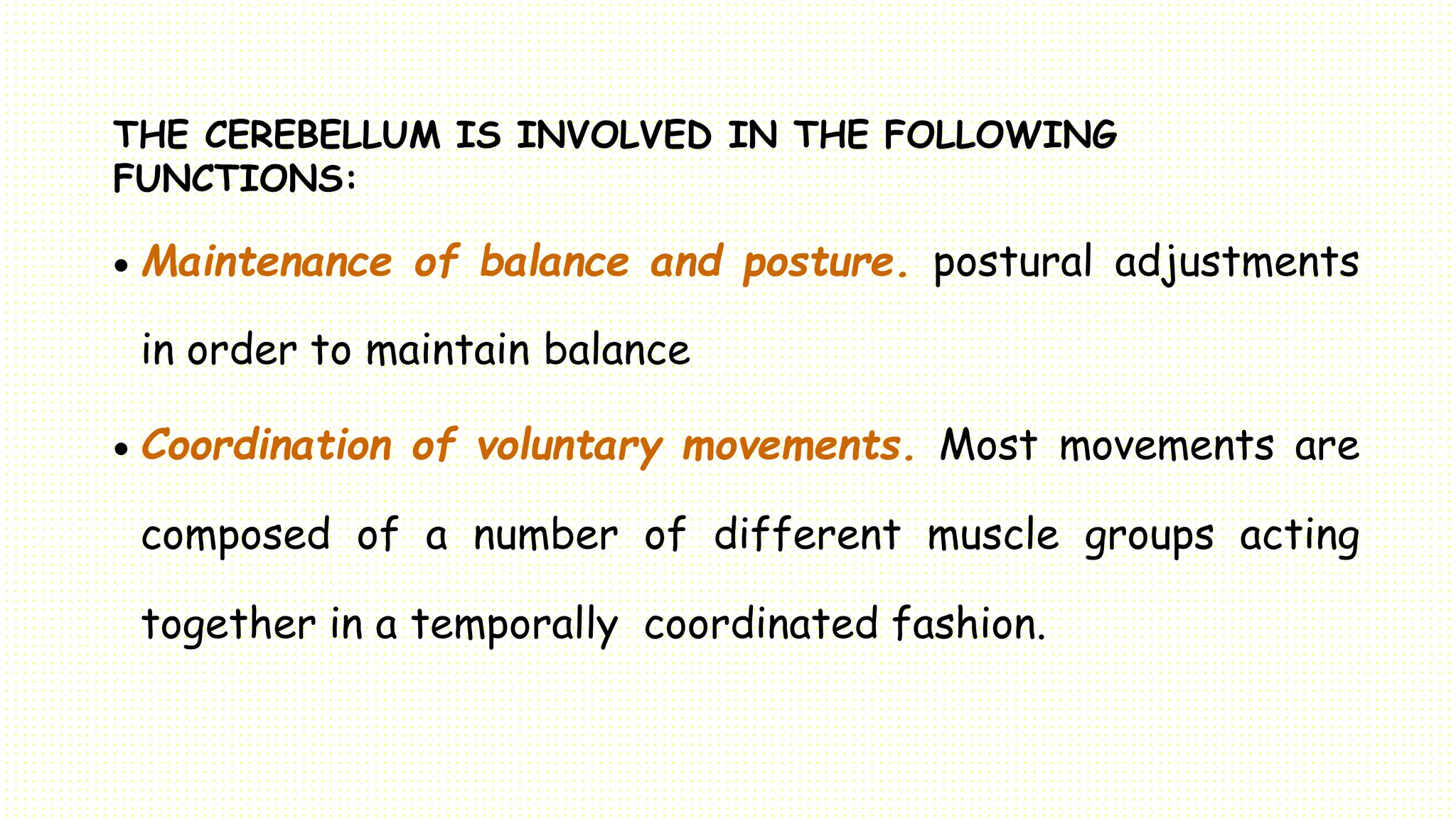 THE CEREBELLUM IS INVOLVED IN THE FOLLOWING
FUNCTIONS:
 Maintenance of balance and posture. postural adjustments
in order to maintain balance
 Coordination of voluntary movements. Most movements are
composed of a number of different muscle groups acting
together in a temporally coordinated fashion.
 