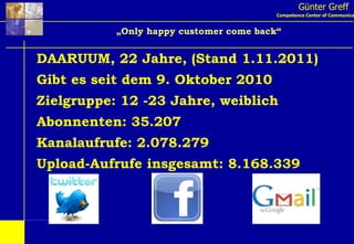 Günter Greff Competence Center of Communication „ Only happy customer come back“ DAARUUM, 22 Jahre, (Stand 1.11.2011) Gibt es seit dem 9. Oktober 2010 Zielgruppe: 12 -23 Jahre, weiblich Abonnenten: 35.207 Kanalaufrufe: 2.078.279 Upload-Aufrufe insgesamt: 8.168.339 