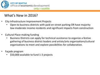 What’s New in 2016?
• City Infrastructure Improvement Projects
• Open to business districts with paid on-street parking OR have majority
low-moderate income residents and significant impacts from construction
• Cultural Place-making funding
• Business Districts can apply for technical assistance to organize a festive
gathering of business district leaders and artists/arts organizations/cultural
organizations to meet and explore possibilities for collaboration.
• Façade program
• $50,000 available to fund 1-3 projects
 