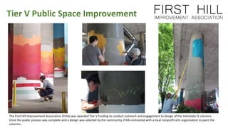 Tier V Public Space Improvement
The First Hill Improvement Association (FHIA) was awarded Tier V funding to conduct outreach and engagement to design of the Interstate I5 columns.
Once the public process was complete and a design was selected by the community, FHIA contracted with a local nonprofit arts organization to paint the
columns.
 
