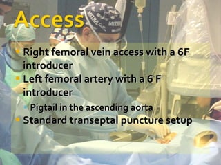 Right femoral vein access with a 6F introducer Left femoral artery with a 6 F introducer Pigtail in the ascending aorta Standard transeptal puncture setup 
