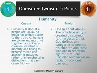 Lesson Slide
1 11
Explaining Modern Culture
Oneism & Twoism: 5 Points
2. Humanity Is One—If all
people are Equal, no
group has unique access
to the truth. All humans
are divine and must live
together, accepting a
common standard of
morality and trying to
become as like one
another as possible,
rather than emphasizing
distinctions that can
cause friction.
2. One in Christ Alone—
The only true unity is
created by common
faith in Jesus Christ.
God defines two
categories of people:
his children and those
who are in rebellion
against him. True
Christian love knows no
racial or economic
barriers.
Humanity
Oneism Twoism
 