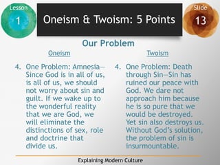Lesson Slide
1 13
Explaining Modern Culture
Oneism & Twoism: 5 Points
4. One Problem: Amnesia—
Since God is in all of us,
is all of us, we should
not worry about sin and
guilt. If we wake up to
the wonderful reality
that we are God, we
will eliminate the
distinctions of sex, role
and doctrine that
divide us.
4. One Problem: Death
through Sin—Sin has
ruined our peace with
God. We dare not
approach him because
he is so pure that we
would be destroyed.
Yet sin also destroys us.
Without God’s solution,
the problem of sin is
insurmountable.
Our Problem
Oneism Twoism
 