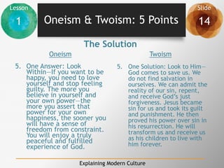 Lesson Slide
1 14
Explaining Modern Culture
Oneism & Twoism: 5 Points
5. One Answer: Look
Within—If you want to be
happy, you need to love
yourself and stop feeling
guilty. The more you
believe in yourself and
your own power—the
more you assert that
power for your own
happiness, the sooner you
will have a sense of
freedom from constraint.
You will enjoy a truly
peaceful and fulfilled
experience of God.
5. One Solution: Look to Him—
God comes to save us. We
do not find salvation in
ourselves. We can admit the
reality of our sin, repent,
and receive God’s just
forgiveness. Jesus became
sin for us and took its guilt
and punishment. He then
proved his power over sin in
his resurrection. He will
transform us and receive us
as his children to live with
him forever.
The Solution
Oneism Twoism
 