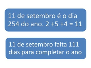 11 de setembro é o dia
254 do ano. 2 +5 +4 = 11

11 de setembro falta 111
dias para completar o ano
 