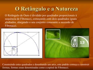 O Retângulo e a Natureza Construindo estes quadrados e desenhando um arco, este padrão começa a construir formas, formas essas denominadas como a espiral de Fibonacci. O Retângulo de Ouro é dividido por quadrados proporcionais à sequência de Fibonacci, começando com dois quadrados iguais alinhados, alargando o seu conjunto consoante a sucessão de Fibonacci. 