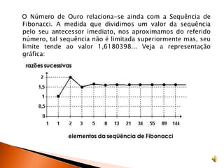    O Número de Ouro relaciona-se ainda com a Sequência de Fibonacci. A medida que dividimos um valor da sequência pelo seu antecessor imediato, nos aproximamos do referido número, tal sequência não é limitada superiormente mas, seu limite tende ao valor 1,6180398... Veja a representação gráfica:
