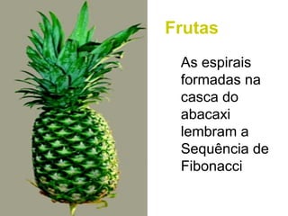 Frutas
As espirais
formadas na
casca do
abacaxi
lembram a
Sequência de
Fibonacci
 