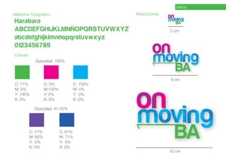 Harabara 
ABCDEFGHIJKLMNÑOPQRSTUVWXYZ 
abcdefghijklmnñopqrstuvwxyz 
0123456789 
C: 71% 
M: 0% 
Y: 100% 
K: 0% 
C: 71% 
M: 82% 
Y: 0% 
K: 0% 
C: 91% 
M: 71% 
Y: 0% 
K: 0% 
C: 0% 
M:100% 
Y: 0% 
K: 0% 
C: 100% 
M: 0% 
Y: 0% 
K: 0% 
Opacidad: 41-32% 
Varios 
Alfabetos Tipográfico Reducciones 
Colores 
Opacidad: 100% 
2 cm 
6 cm 
10 cm 
 
