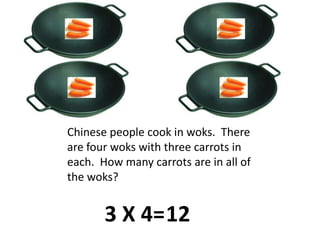 Chinese people cook in woks.  There are four woks with three carrots in each.  How many carrots are in all of the woks?3 X 4=12