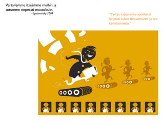 Vertailemme itseämme muihin ja
totumme nopeasti muutoksiin.
               - Lyubomirsky 2009   ”Työ ja vapaa-aika rajoittuvat
                                    helposti rahan tienaamiseen ja sen
                                    kuluttamiseen.”
 