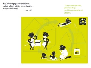 Auttaminen ja jakaminen saavat
meissä aikaan mielihyvää ja lisäävät     ”Tarve uudenlaiselle
onnellisuuttamme.                        jakamiselle ja
                           - Post 2005   suvaitsevaisuudelle on
                                         akuutti.”
 