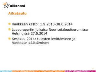 Aikataulu
Hankkeen kesto: 1.9.2013-30.6.2014
Loppuraportin julkaisu Nuorisotakuufoorumissa
Helsingissä 27.5.2014
Kesäkuu 2...