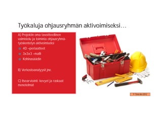 Työkaluja ohjausryhmän aktivoimiseksi…
A) Projektin oma tavoitteellinen
valmistelu ja toiminta ohjausryhmä-
työskentelyn aktivoimiseksi
   4D –periaatteet
   3x3x3 –malli
   Kohinasäädin


B) Verkostoanalyysit jne.


C) Itsearviointi: kevyet ja raskaat
menetelmät

                                         © Timo Aro 2012
 