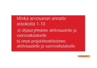Minkä arvosanan annatte
asteikolla 1-10
a) ohjausryhmänne aktiivisuudelle ja
vuorovaikutukselle
b) oman projektihenkilöstönne
aktiivisuudelle ja vuorovaikutukselle

                                        © Timo Aro 2012
 