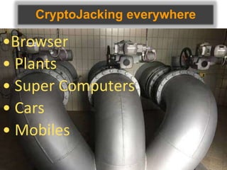 CryptoJacking everywhere
•Browser
• Plants
• Super Computers
• Cars
• Mobiles
 