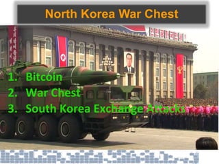 North Korea War Chest
1. Bitcoin
2. War Chest
3. South Korea Exchange Attacks
 