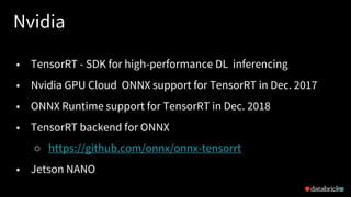 Nvidia
30
• TensorRT - SDK for high-performance DL inferencing
• Nvidia GPU Cloud ONNX support for TensorRT in Dec. 2017
• ONNX Runtime support for TensorRT in Dec. 2018
• TensorRT backend for ONNX
○ https://github.com/onnx/onnx-tensorrt
• Jetson NANO
 