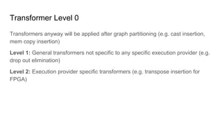 Transformer Level 0
Transformers anyway will be applied after graph partitioning (e.g. cast insertion,
mem copy insertion)
Level 1: General transformers not specific to any specific execution provider (e.g.
drop out elimination)
Level 2: Execution provider specific transformers (e.g. transpose insertion for
FPGA)
 