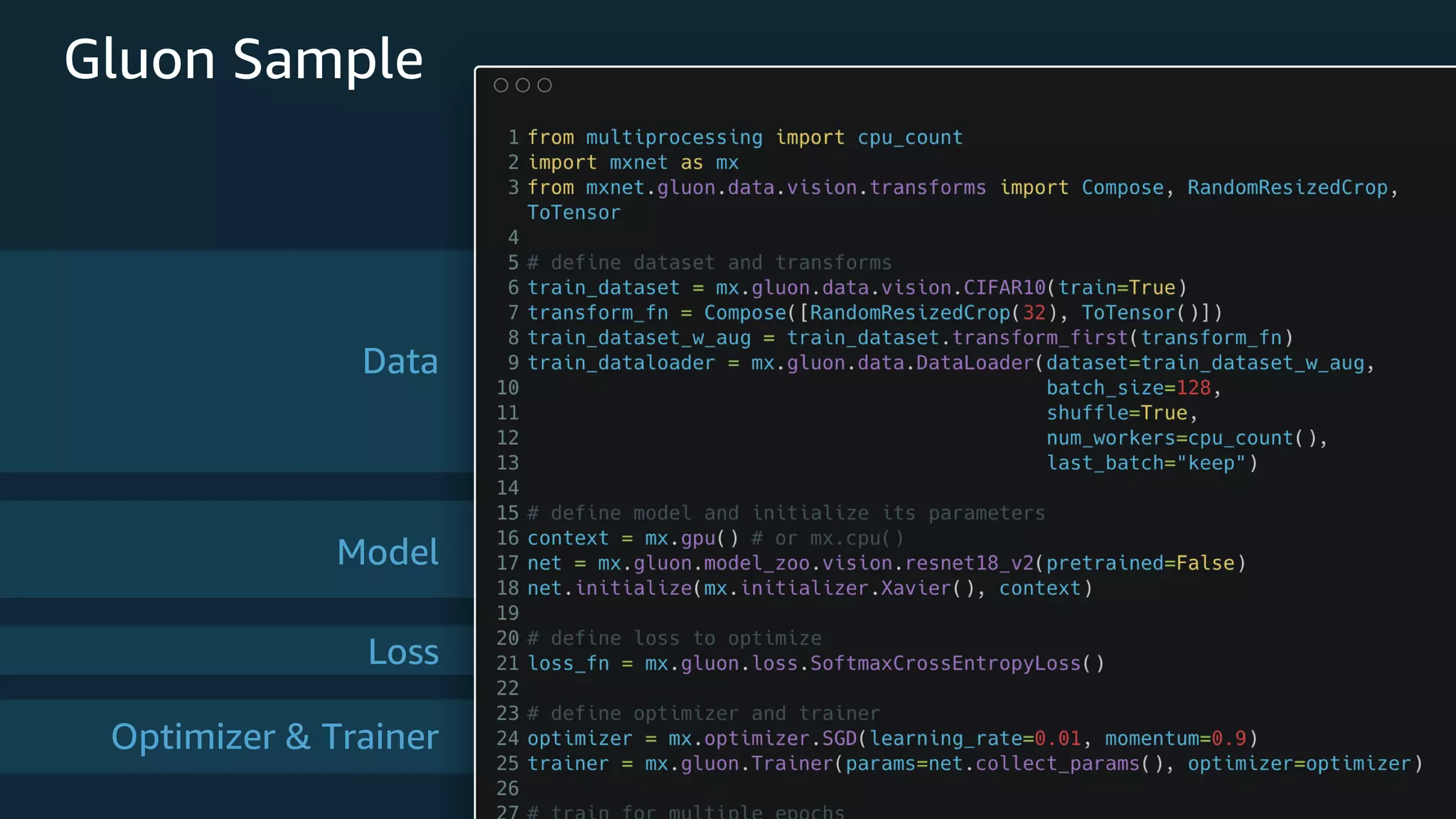 Data Model Loss Optimizer & Trainer Gluon Sample 