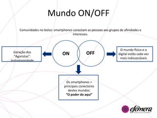 Mundo	
  ON/OFF	
  
                                                              	
  
            Comunidades	
  no	
  bolso:	
  smartphones	
  conectam	
  as	
  pessoas	
  aos	
  grupos	
  de	
  aﬁnidades	
  e	
  
                                                         interesses.	
  	
  
     	
  

                                                                                                                O	
  mundo	
  <sico	
  e	
  o	
  
  Geração	
  dos	
  
                                                    ON	
                    OFF	
                              digital	
  estão	
  cada	
  vez	
  
  “Agoristas”:	
  
                                                                                                                mais	
  indissociáveis	
  
instantaneidade	
  
                                                                                                        	
  




                                                       Os	
  smartphones	
  =	
  
                                                      principais	
  conectores	
  
                                                         destes	
  mundos:	
  	
  
                                                       “O	
  poder	
  do	
  aqui”	
  
 