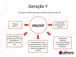 Geração	
  Y	
  
                       A	
  Geração	
  Y	
  e	
  Millennials:	
  jovens	
  adultos	
  nascidos	
  em	
  80	
  e	
  90.	
  




                                                                                                           1ª	
  Juventude	
  
          “NaUvos	
  
          Digitais”	
                                  ON/OFF	
                                           Global,	
  graças	
  a	
  
                                                                                                               internet	
  




  Nova	
  economia:	
  	
  
gastam	
  cerca	
  de	
  US$	
                                                                                              -­‐ 	
  PragmáUcos	
  
   20	
  bilhões	
  em	
                                                                                                            -­‐ 	
  Realistas	
  
 compras	
  online	
  por	
                       Geração	
  jovem	
  mais	
                               -­‐ 	
  Consciência	
  ColeUva	
  
           ano	
                                plural	
  da	
  história	
  =	
  Modo	
                            -­‐ 	
  Catalisadores	
  de	
  
                                                não-­‐linear	
  de	
  pensar	
  que	
                                               mudanças	
  	
  
                                                 reﬂete	
  a	
  linguagem	
  da	
  
                                                            internet	
  
 