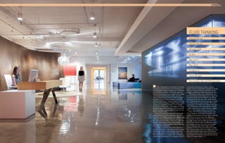 a microcosm of the firms as a whole. A chance,
explains Cannon’s Mark Hirons, principal and design
director of corporate interiors, to develop a model
workplace strategy that could work across the firm.
“We wanted to think more creatively about how
we work in teams, how the office can be a catalyst for
our work and make that more effective,” says Hirons.
Compared with the previous office, where Cannon
had 7,400sq m spread over three floors, this is smaller
(at 5,500sq m) but is across one floor. “We weren’t
as integrated as we wanted to be,” Hirons remembers.
“This building gave us the opportunity to establish
a single culture and one cohesive identity, engaging
people to work together and be more connected.”
Private offices became a thing of the past, and
99% of employees, from intern to principal, were
given the same-sized desk in the new open, communal
office. Away from those desks, they can choose
from around 20 different casual and social spaces,
from high counters and cafe tables to lounge areas
and a library. Instead of lines of workstations, desks
are arranged in groups of six, each pair branching
from a triangular centre.This custom-designed
furniture, for which Cannon has coined the snappy
term ‘radial benching’, allows for a higher seat count
than traditional linear banks while inducing more
movement around the office and creating space for a
large number of in-between teamwork areas (one for
nearly every bank of desks).
FLUID THINKINGARCHITECT
Cannon Design
CLIENT
Cannon Design
LOCATION
Chicago, USA
COST
£4.8m
START DATE
May 2011
COMPLETION DATE
May 2012
FLOOR SPACE
5,500sq m
WORDS BY
Jenny Brewer
PHOTOGRAPHY
Christopher Barrett Photography
When Ludwig Mies van der Rohe left Germany
following the unceremonious end of the Bauhaus, he
found himself in Chicago, heading up the architecture
school at Illinois Institute of Technology, and soon
made the city his home.The remainder of his working
life was spent in his downtown studio, and since
then his influence has manifested itself consistently
throughout the city. Cannon Design’s new LEED
Platinum office fit out is a prime example. It lies in the
heart of downtown Chicago’s Michigan Plaza, a starkly
minimal two-building block made in steel and glass –
the architect’s calling cards – and designed in 1985 by
Fujikawa Johnson & Associates, a practice founded by
JosephY Fujikawa, a former partner in Mies van der
Rohe’s architecture firm.
Beyond this modernist exterior, the interior also
channels Miesian principles. Spanning a single floor
across the two buildings, the spaces are open plan and
designed to flow seamlessly from one to the next; the
decoration and furnishings are functional, exploiting
the latest technologies; and, most importantly, every
detail has been carefully planned to work as efficiently
as possible for its inhabitants.
Cannon is a huge firm, with 1,100 employees in
15 offices, working on a wide range of fields including
architecture, interiors, urban planning, engineering,
construction, graphics and technology design.The
Chi-town workforce is its largest, with 250 employees,
and most multi-disciplinary, so its design was seen as >>
ONSITE 075
 