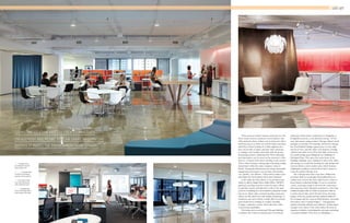 These areas are where Cannon comes into its own.
Most centre around a projector screen linked to the
office network where workers can sit down just with a
keyboard, log in as if they are at their desks, and share
what they’ve been working on. Using a digitiser pen,
they can doodle on plans, annotate with comments
or changes, and visualise their ideas with the group,
developing projects collaboratively.These drawings
and annotations can be saved on the network to refer
back to, or shared with others working on the project.
This is where having a cutting-edge technology design
department within the same company comes in
handy. “Seeing the ideation process creates immediate
engagement and means you can share information
very quickly,” says Hirons. “That activity makes it live,
and makes the environment much more dynamic.”
It also helps the firm adhere to its proudest trait,
which it calls its Single-Firm, Multi-Office (SFMO)
approach, pooling resources across its many offices
around the country and abroad to work on the same
projects, something less tech-minded companies would
trip up on. Many other enclosed meeting rooms and
offices are also kitted out with similar technology, so
employees can log in within a small office for private,
quiet heads-down working or conduct meetings
in larger conference rooms, which also have video
conferencing capabilities.
Choosing such an archetypal Chicago building
is another way Cannon is staying true to its mission
statement, which states a dedication to designing “a
thoughtful response to the physical setting”. In this
case, that means using as many Chicago-related visual
analogies as possible. For example, downtown Chicago
has 18 articulated bridges squeezed on to a two-mile
stretch of river, and this office even features a bridge
(albeit immovable, but we’ll let that slide) in the form
of a small joining space linking the two buildings of
Michigan Plaza.This space lies at the heart of the
building, bridging, sorry, joining two sides of the office,
and acting as a social hub, housing the cafe, design and
resource library, and reception area, which features
a high-gloss polished concrete floor that is meant to
evoke the nearby Chicago river.
The Chicago-isms don’t stop there. Behind the
reception desk is a seemingly freestanding floor-to-
ceiling wave of steel, the same dark bronze colour as
those famous industrial bridges. It curves round the
corner, enclosing a large room used for conferences
and corporate events. Opposite reception is a 12m-long
translucent glass wall, on which is projected a film by
London-based video artistThomas Gray, showing
images of the city, people and buzz phrases related to
the company and city (such as ‘fluid ideation’, ‘incessant
innovation’ and ‘crossing bridges” – management-
speak is obviously still alive and well here). If that wasn’t
enough, every aspect of the office makes the most of
expansive windows overlooking the cityscape, providing
a constant reminder of the city it is celebrating.
Above The glossy floors
are intended to evoke the
watery Chigaco river
Above right A bronzed ‘wave’
of metal suits the Miesian
building’s minimal aesthetic
Right Every bank of desks
has its own meeting area,
with a networked screen
Far right A meeting room
faces on to Michigan Plaza’s
steel and glass sister tower
ONSITE 077
‘SEEING THE IDEATION PROCESS CREATES IMMEDIATE
ENGAGEMENT AND MEANS YOU CAN SHARE INFORMATION
QUICKLY. IT MAKES THE ENVIRONMENT MORE DYNAMIC’
 