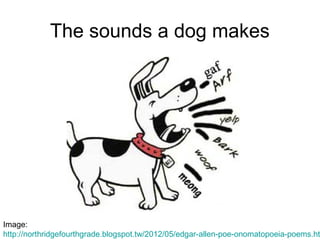 The sounds a dog makes
Image:
http://northridgefourthgrade.blogspot.tw/2012/05/edgar-allen-poe-onomatopoeia-poems.ht
 