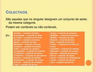 Colectivos<br />São aqueles que no singular designam um conjunto de seres da mesma categoria. <br />Podem ser contáveis ou...