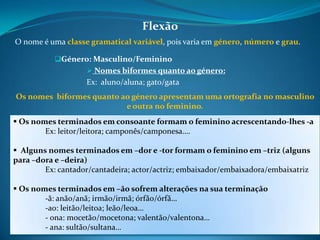 FlexãoO nome é uma classe gramatical variável, pois varia em género, número e grau.4Género: Masculino/Feminino